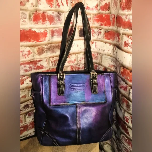 STUNNING Authentic Coach Metallic Purple & Blue Leather Handbag Tote - Picture 1 of 13